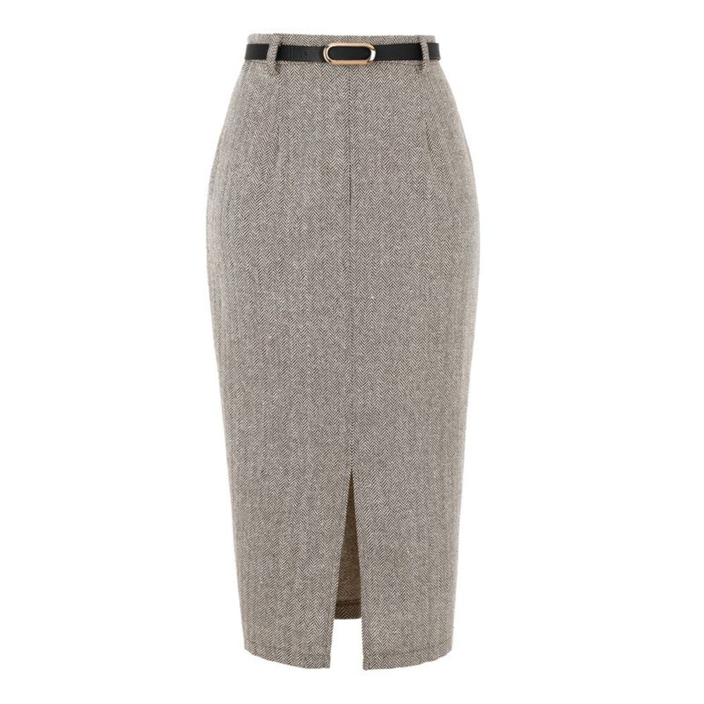Women's Midi Pencil Skirt Fall Winter Slit Office Skirts with Belt Coffee